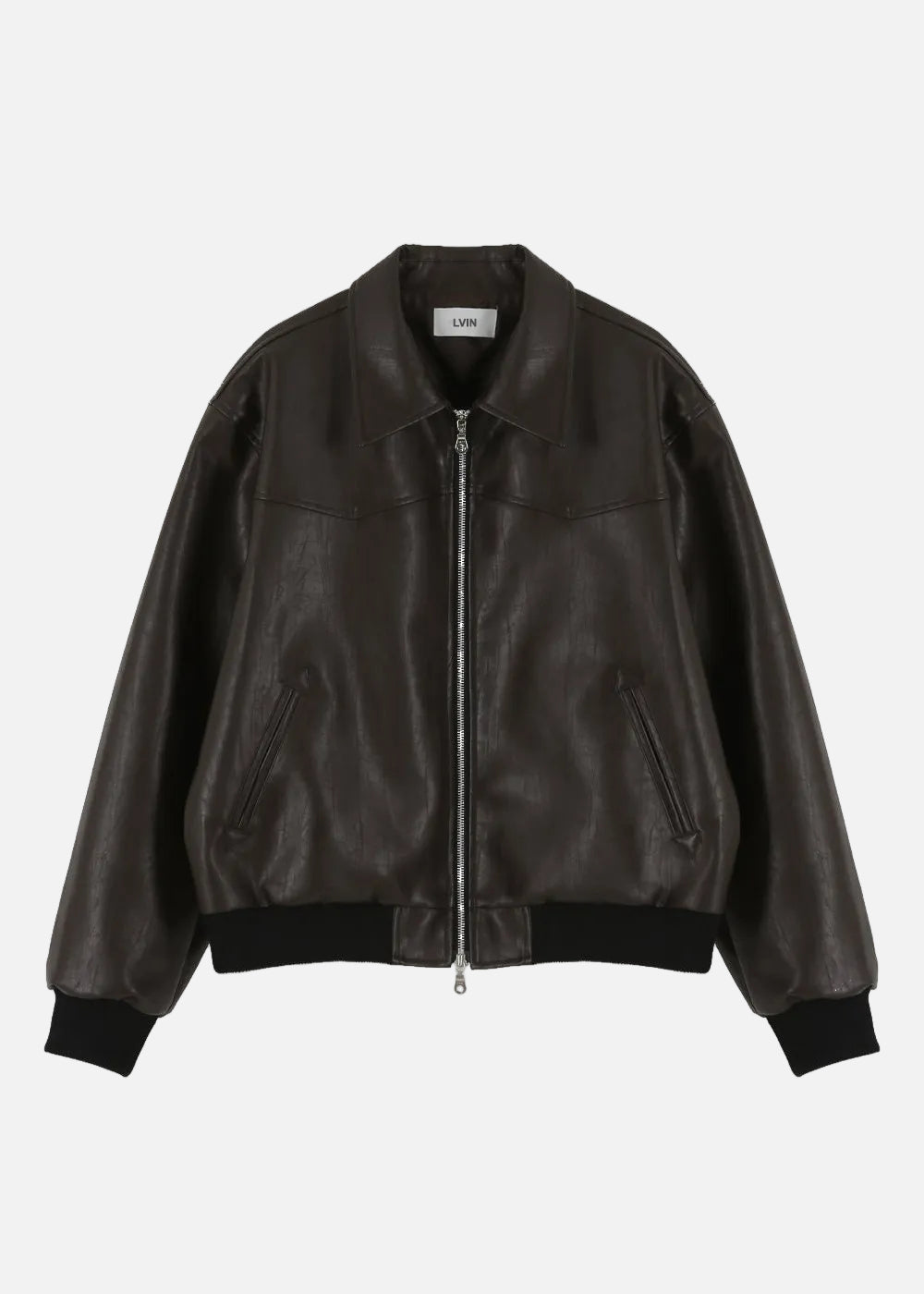 VEGAN LEATHER KNIT BAND JACKET_BROWN