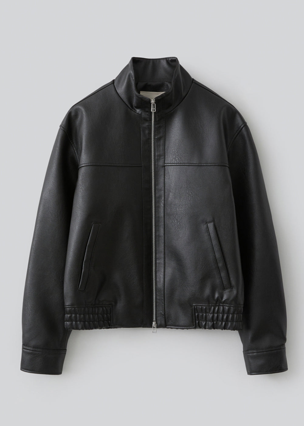 Gathered -Detail Vegan Leather Jacket_ Black