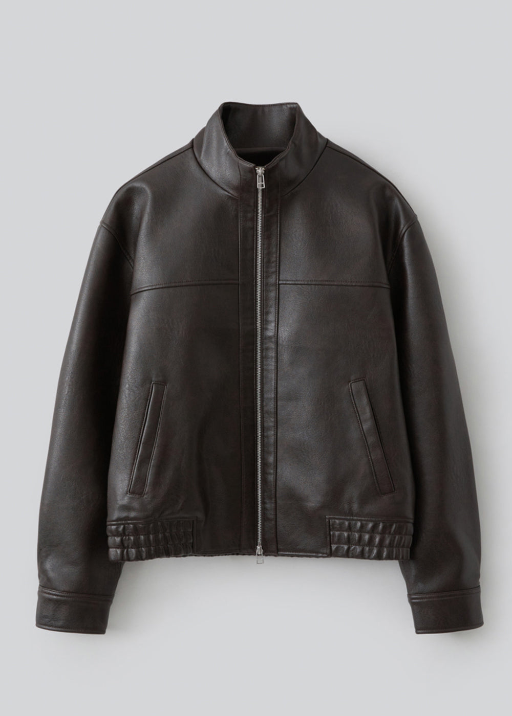 Gathered -Detail Vegan Leather Jacket_ Dark Brown