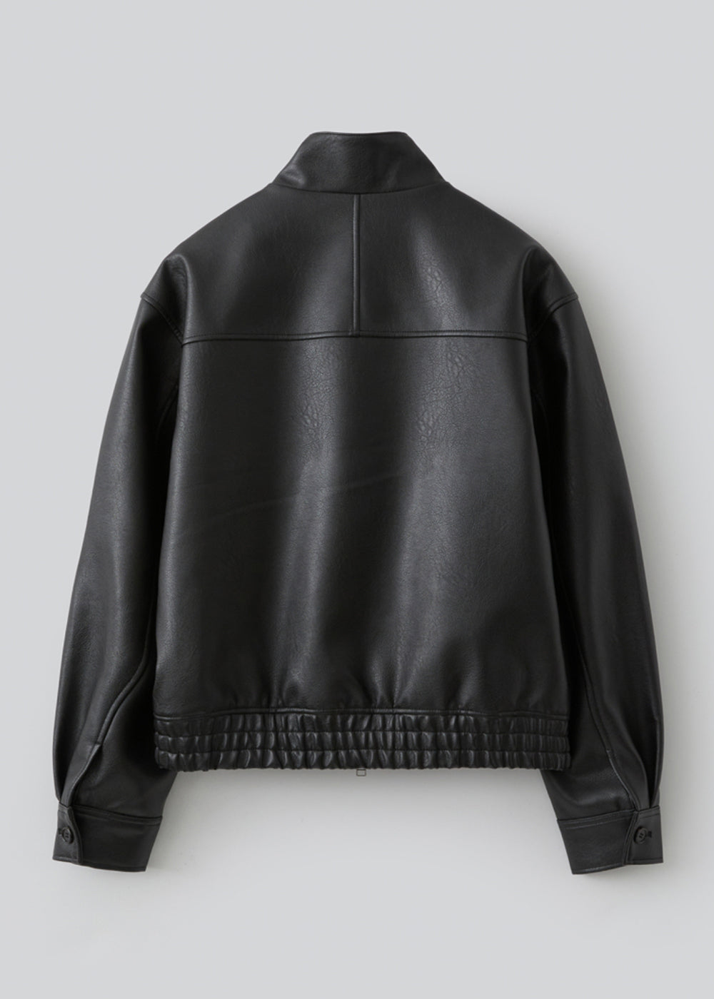 Gathered -Detail Vegan Leather Jacket_ Black