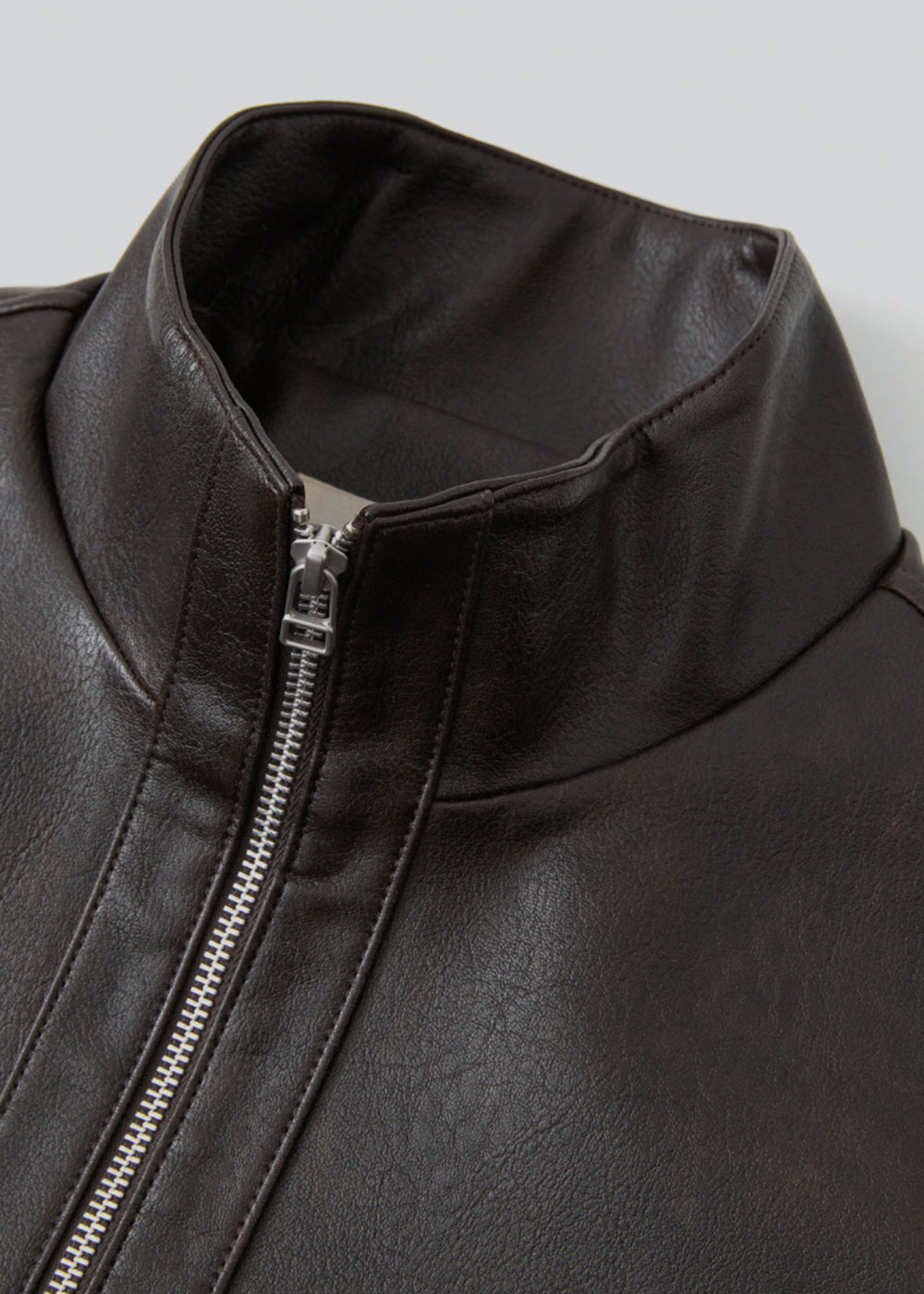 Gathered -Detail Vegan Leather Jacket_ Dark Brown