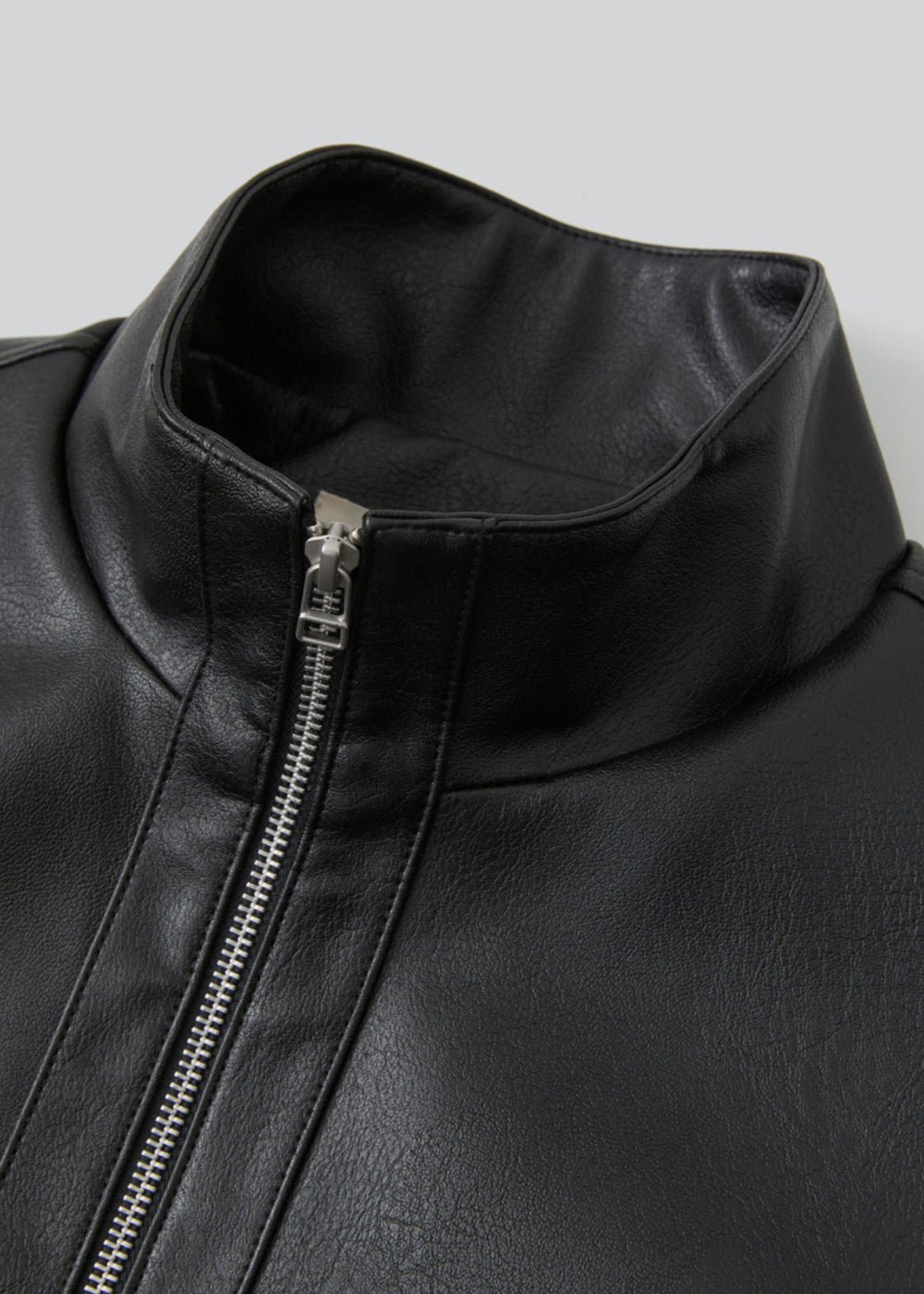 Gathered -Detail Vegan Leather Jacket_ Black