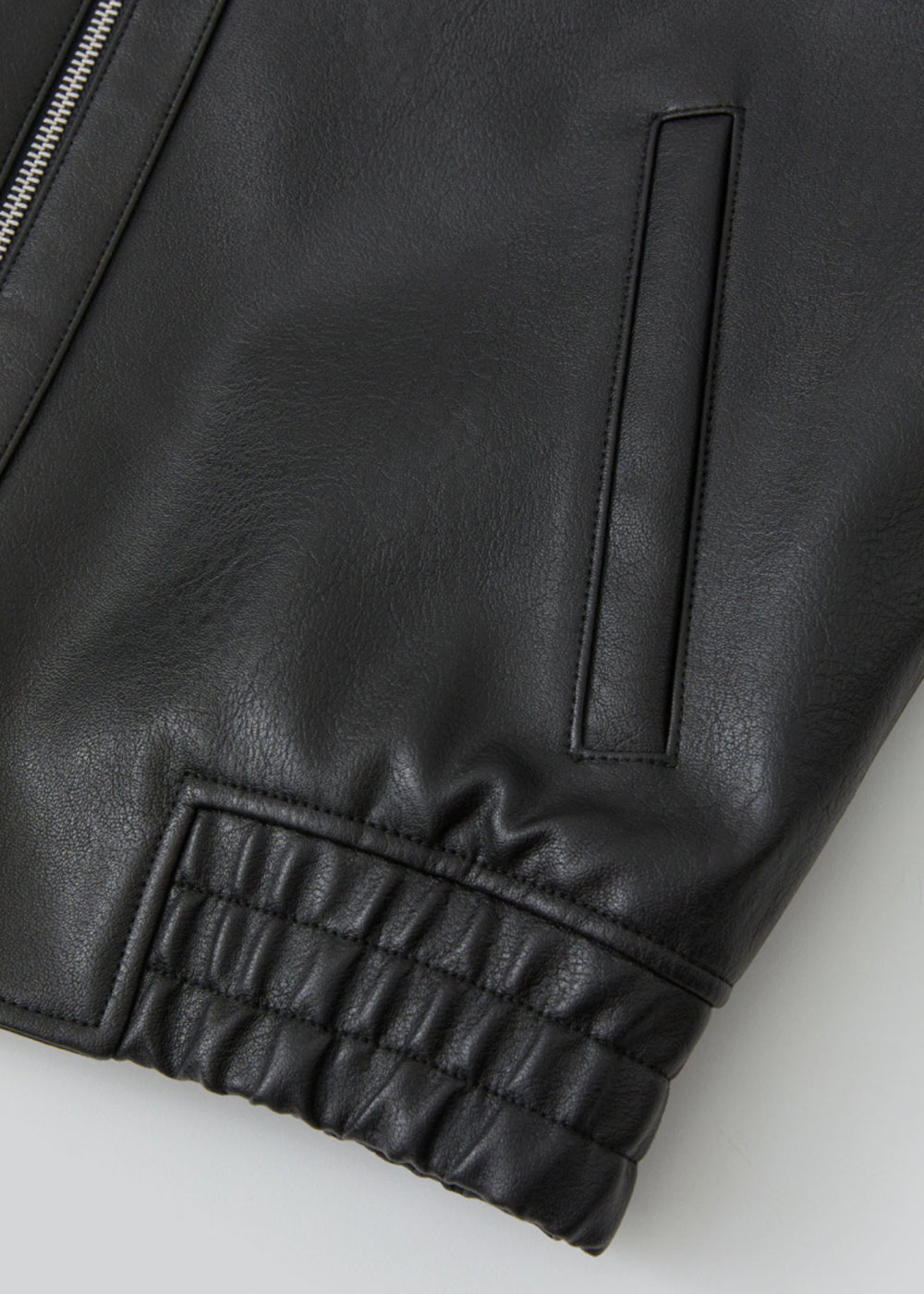 Gathered -Detail Vegan Leather Jacket_ Black