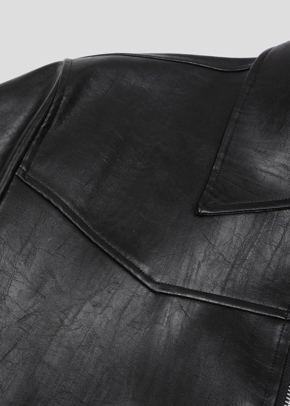 VEGAN LEATHER KNIT BAND JACKET_BLACK